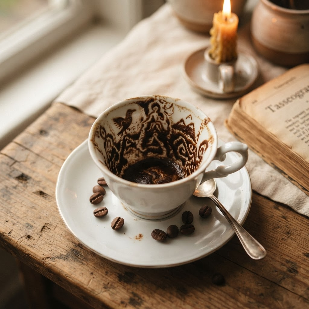 Turkish coffee cup with coffee grounds forming symbols for a fortune reading